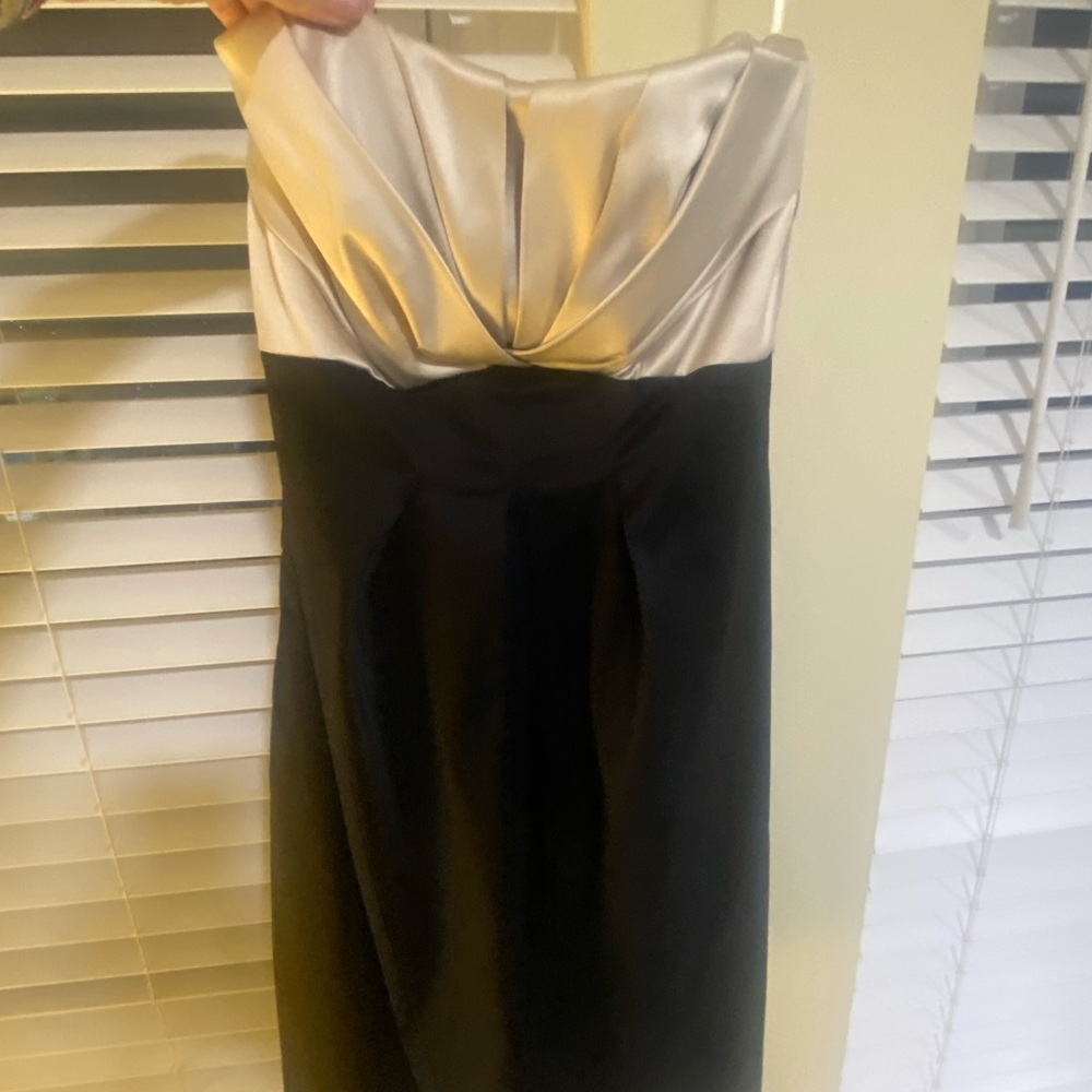 Strapless tan and black cocktail dress